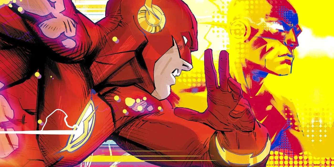 Illustrazione di un fumetto: un supereroe vestito di rosso (Flash) corre con un'espressione seria.