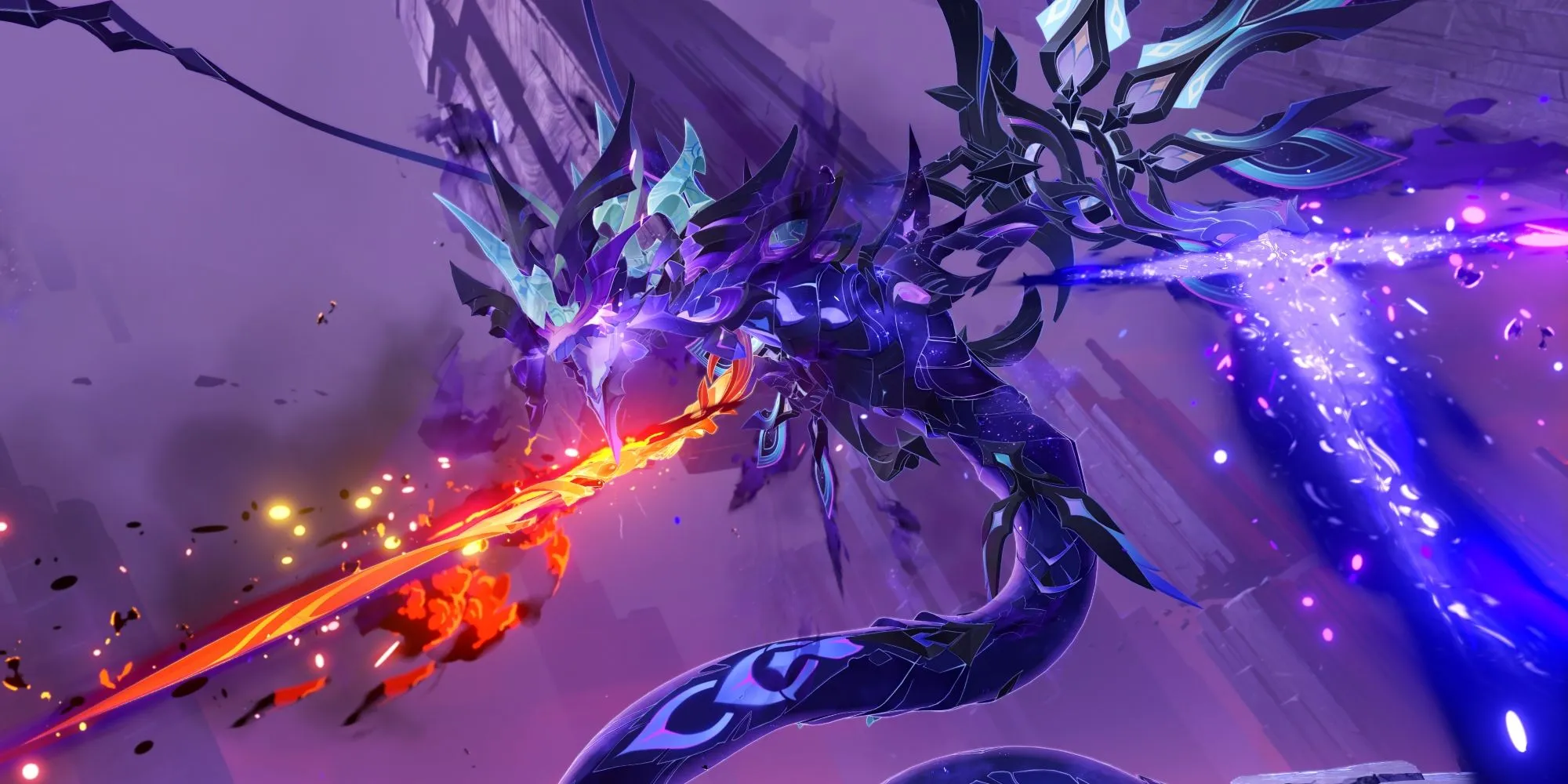 Genshin Impact's Lord of Eroded Primal Fire Boss wields two swords.
