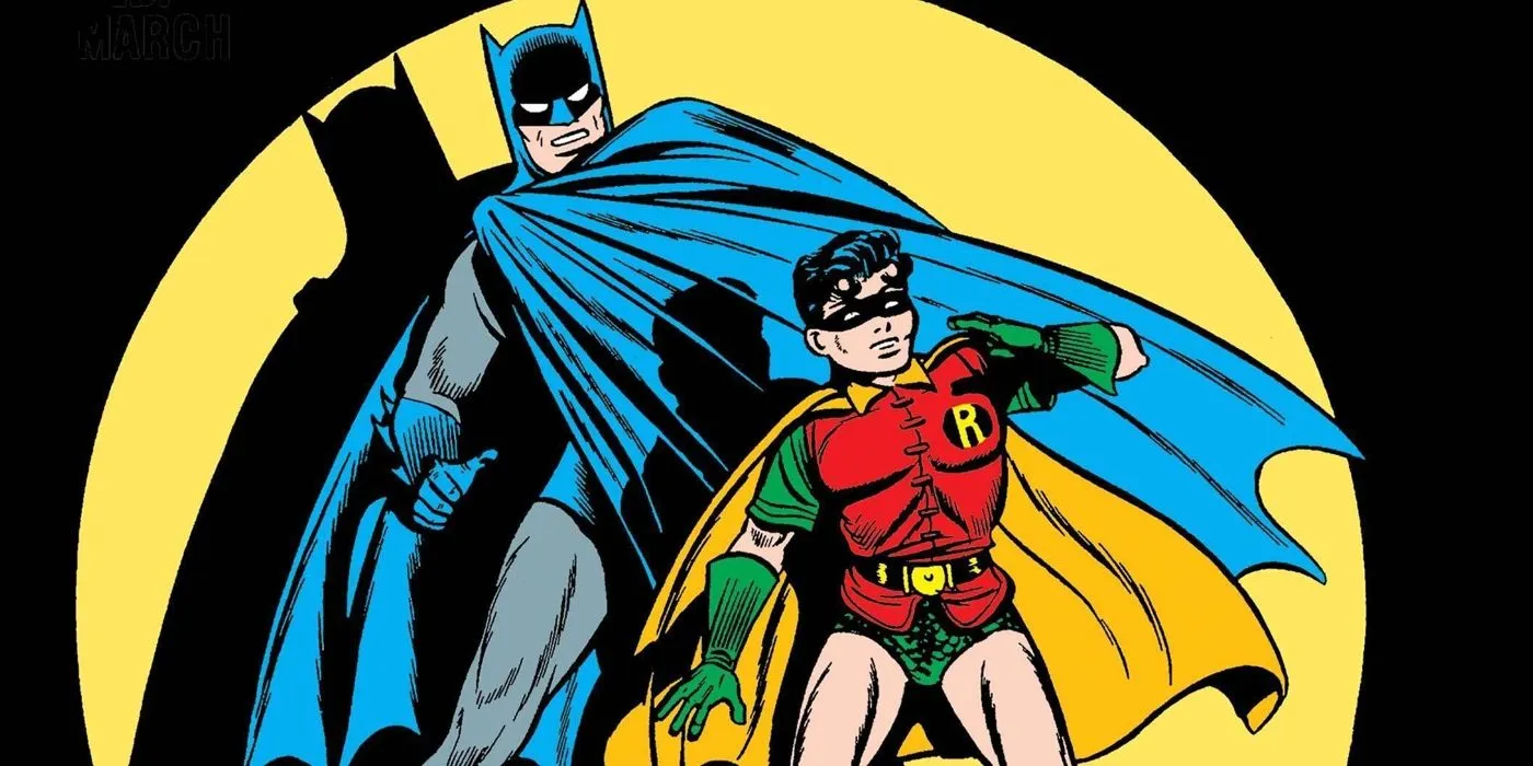 Batman und Robin aus dem Goldenen Zeitalter, beleuchtet von einem hellen Scheinwerfer.