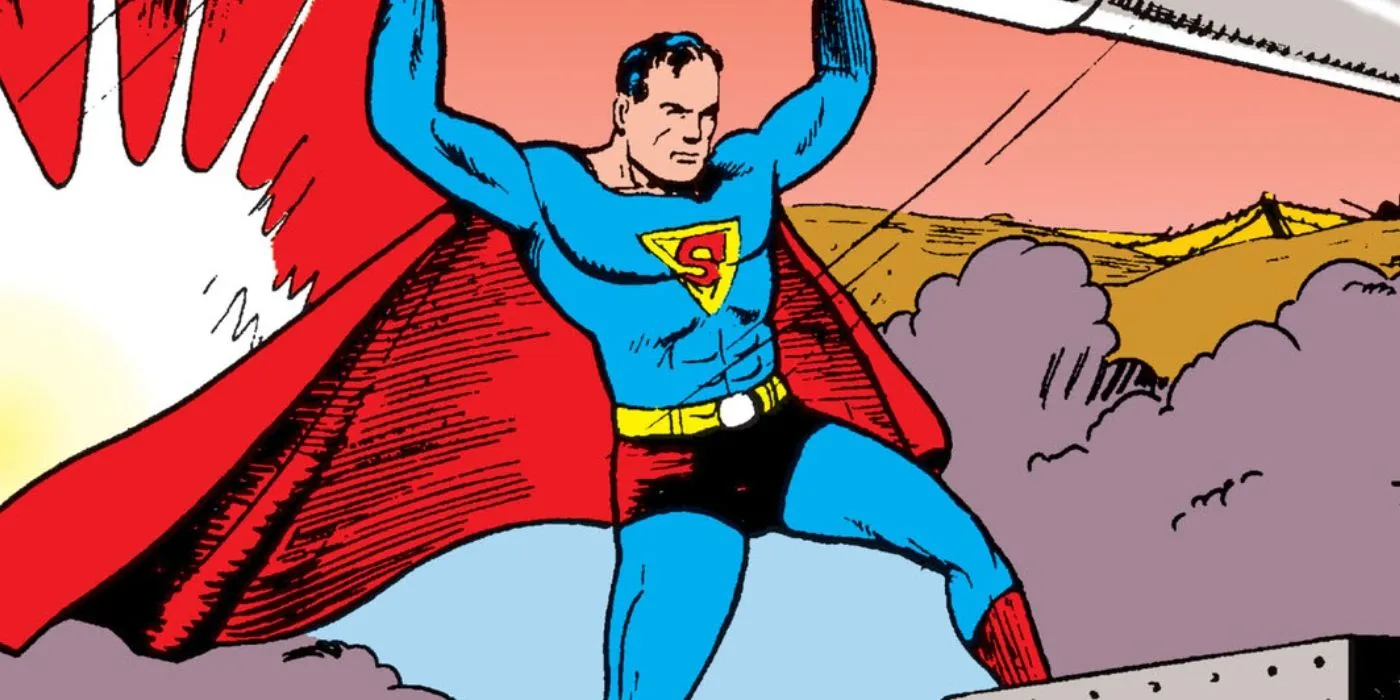 Superman da Era de Ouro levantando um objeto pesado nos quadrinhos da Era de Ouro da DC