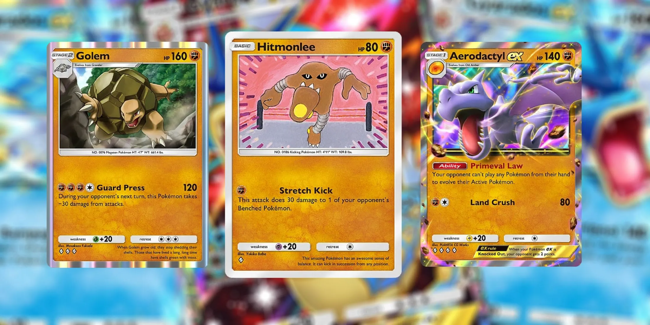 Hitmonlee, Golem e Aerodactyl ex no Pokémon TCG Pocket