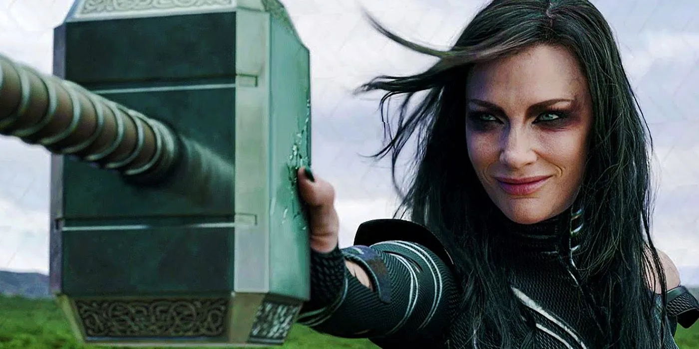 Hela com Mjolnir em Thor: Ragnarok