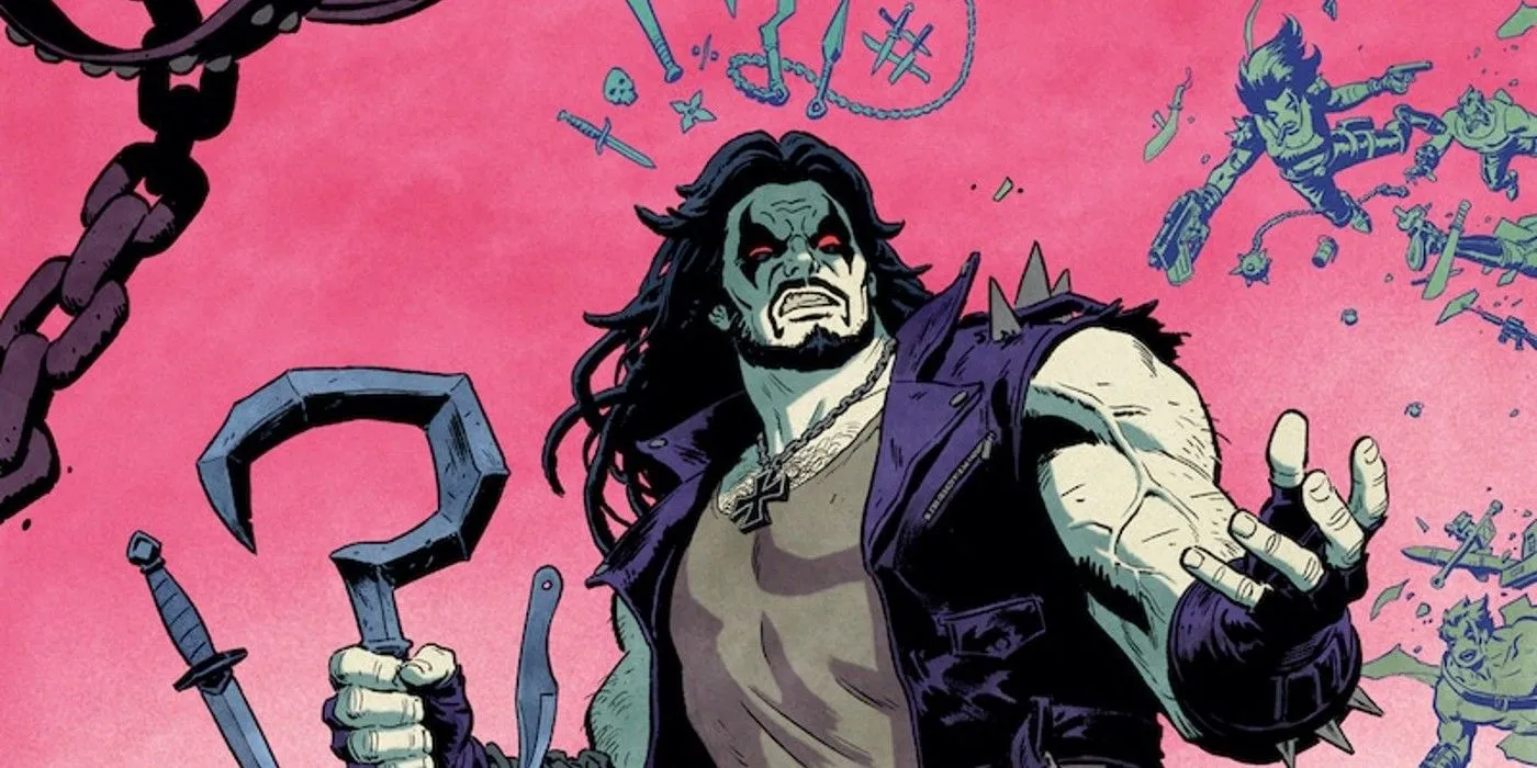 Lobo a l'air confus, un crochet enchaîné dans sa main sur la couverture d'Action Comics #1064