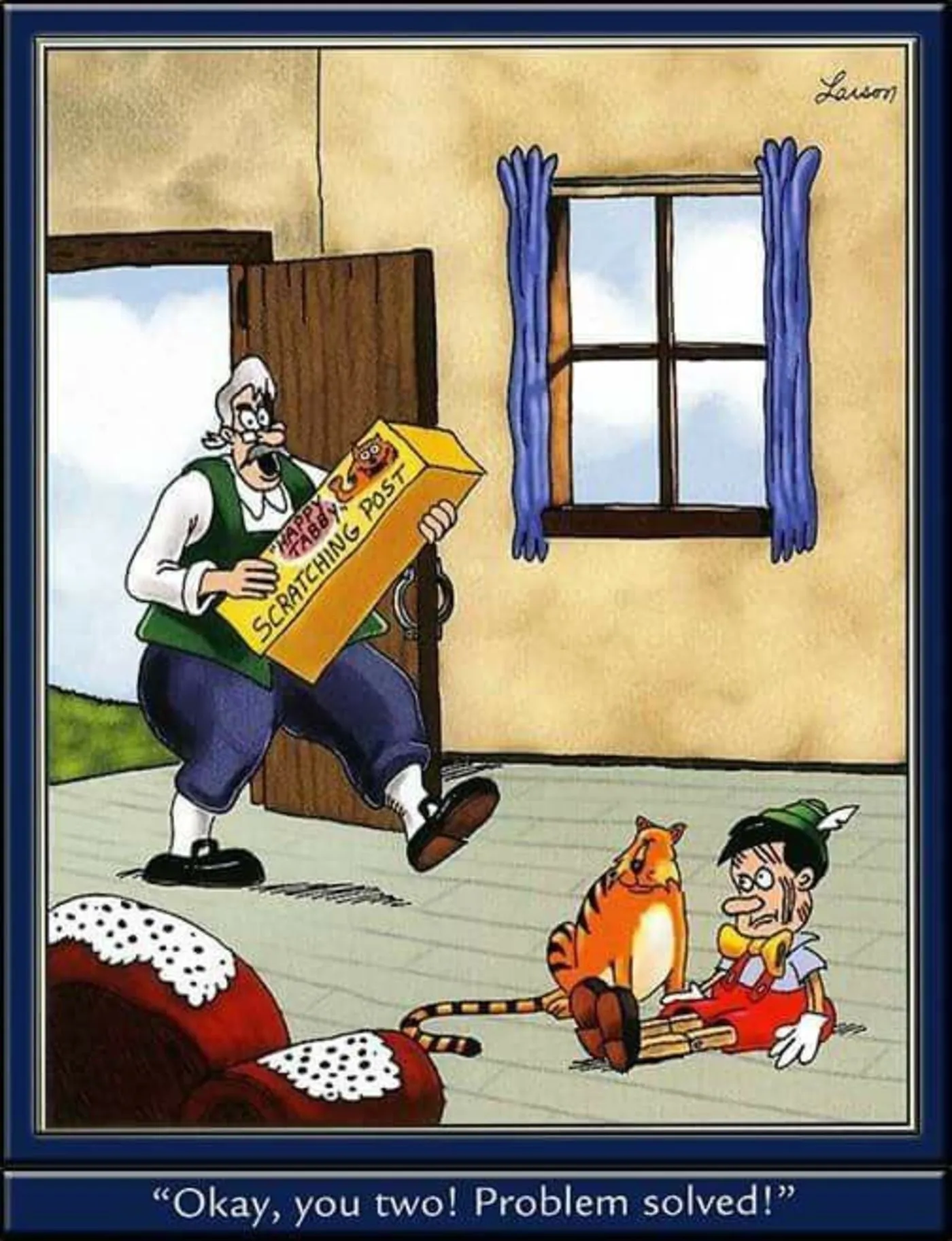 Pasek komiksowy Far Side: Geppetto przynosi drapak dla kota, który drapał Pinokia.