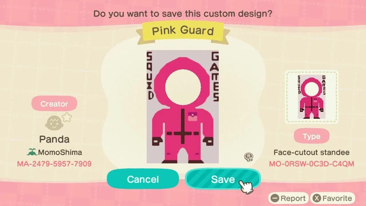 Screenshot vom Animal Crossing New Horizons Design Portal, der Squid Game-Designs zeigt