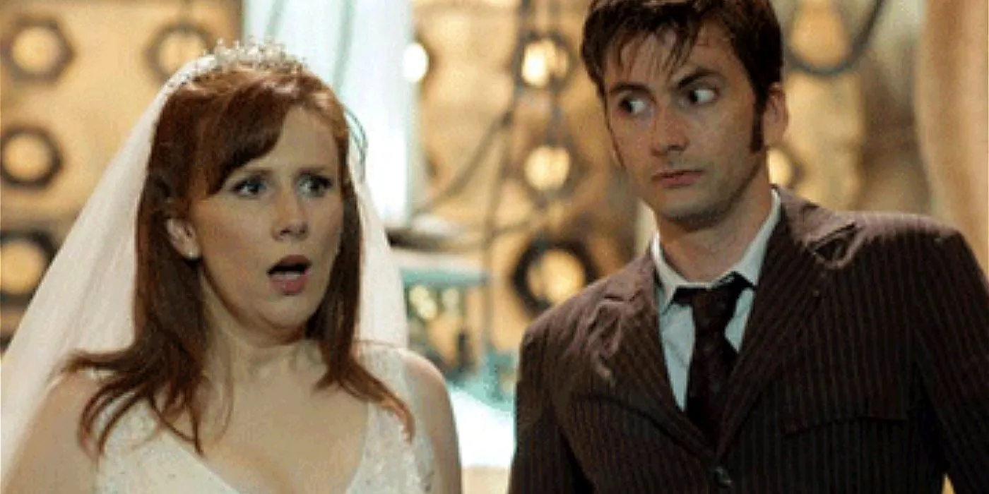 The Doctor looks at Donna, who has a shocked look on her face in the Doctor Who episode 'The Runaway Bride.'