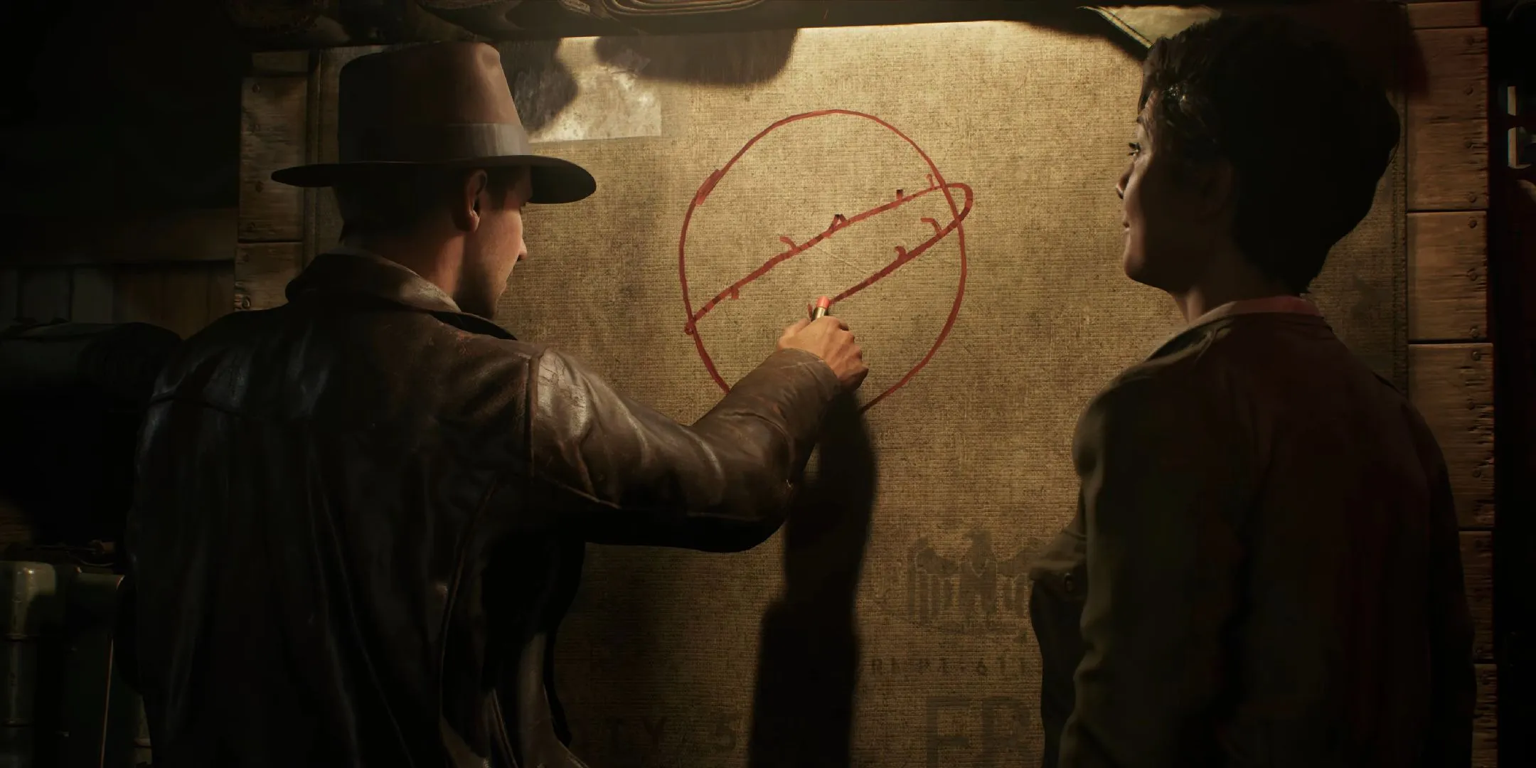 Indiana Jones and the Great Circle: Indiana drawing the Great Circle with lipstick