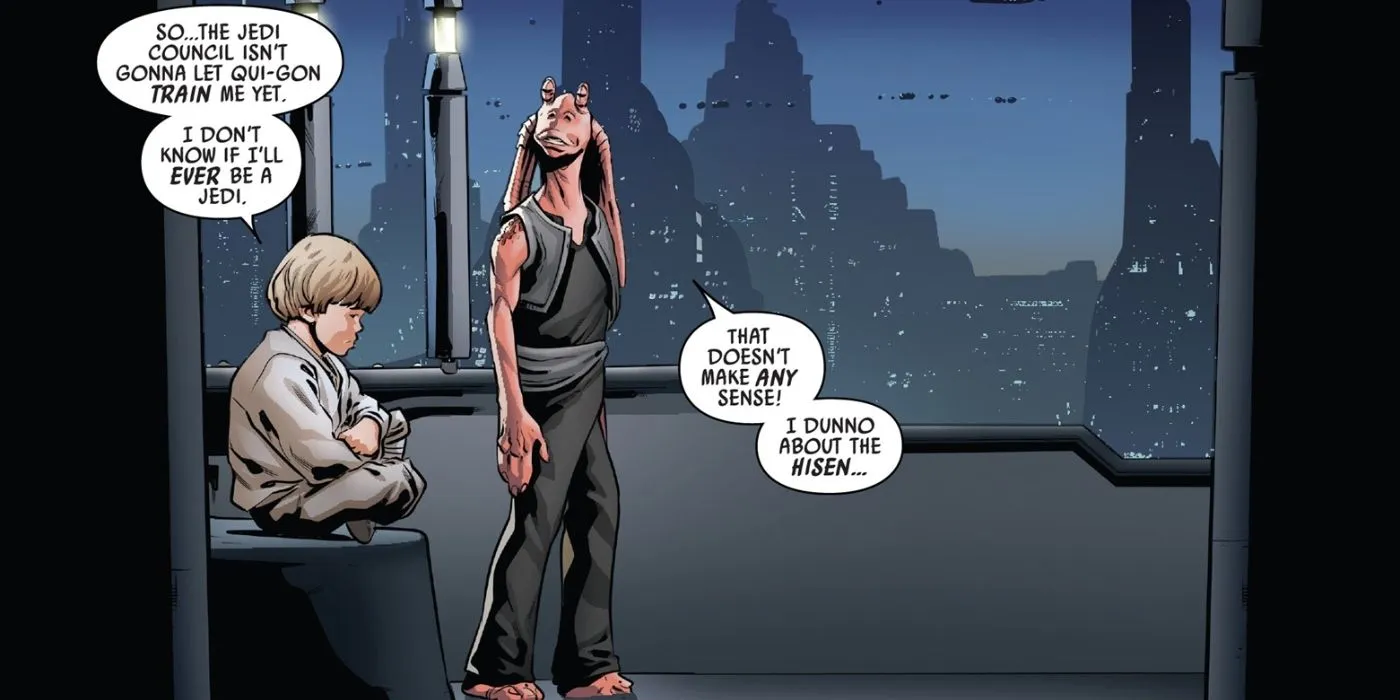 Panel de cómic que muestra a Jar Jar Binks