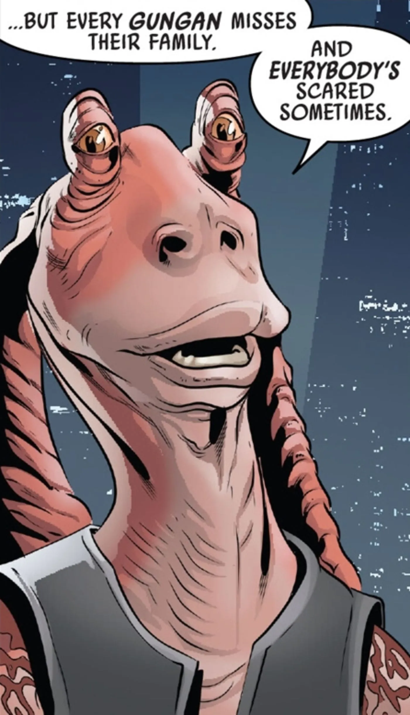 Panel de cómic que muestra una escena con Jar Jar