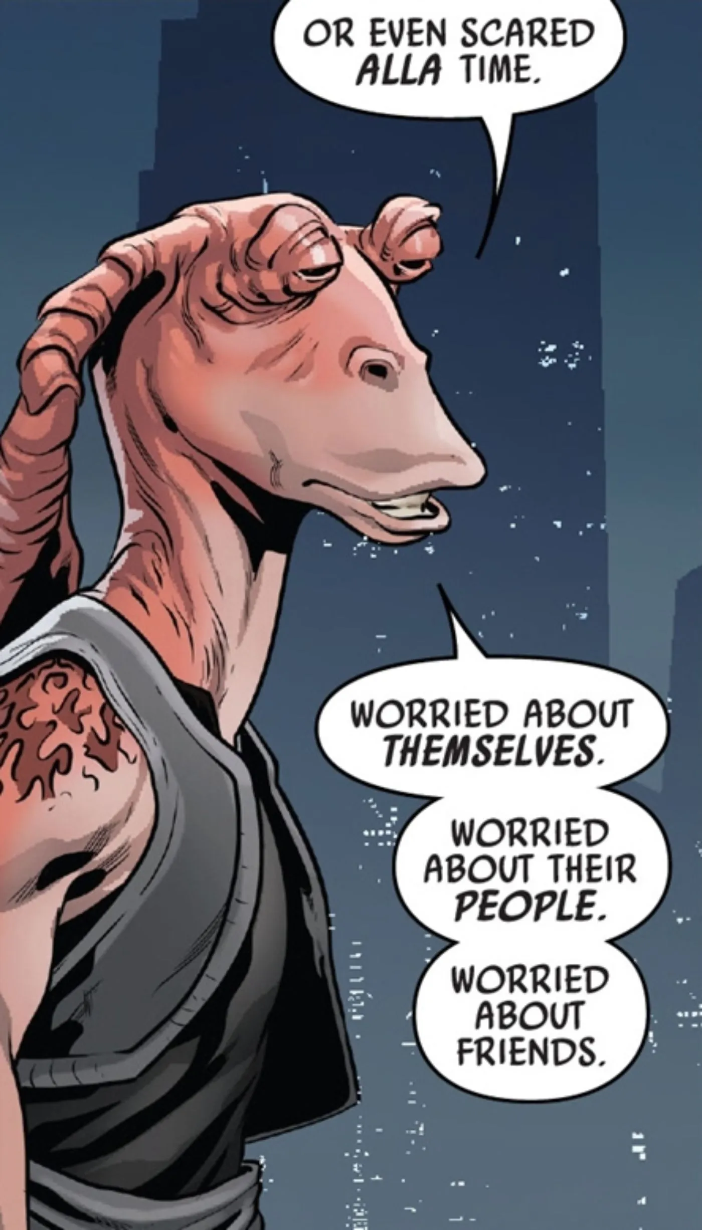 Panel de cómic que destaca a Jar Jar Binks