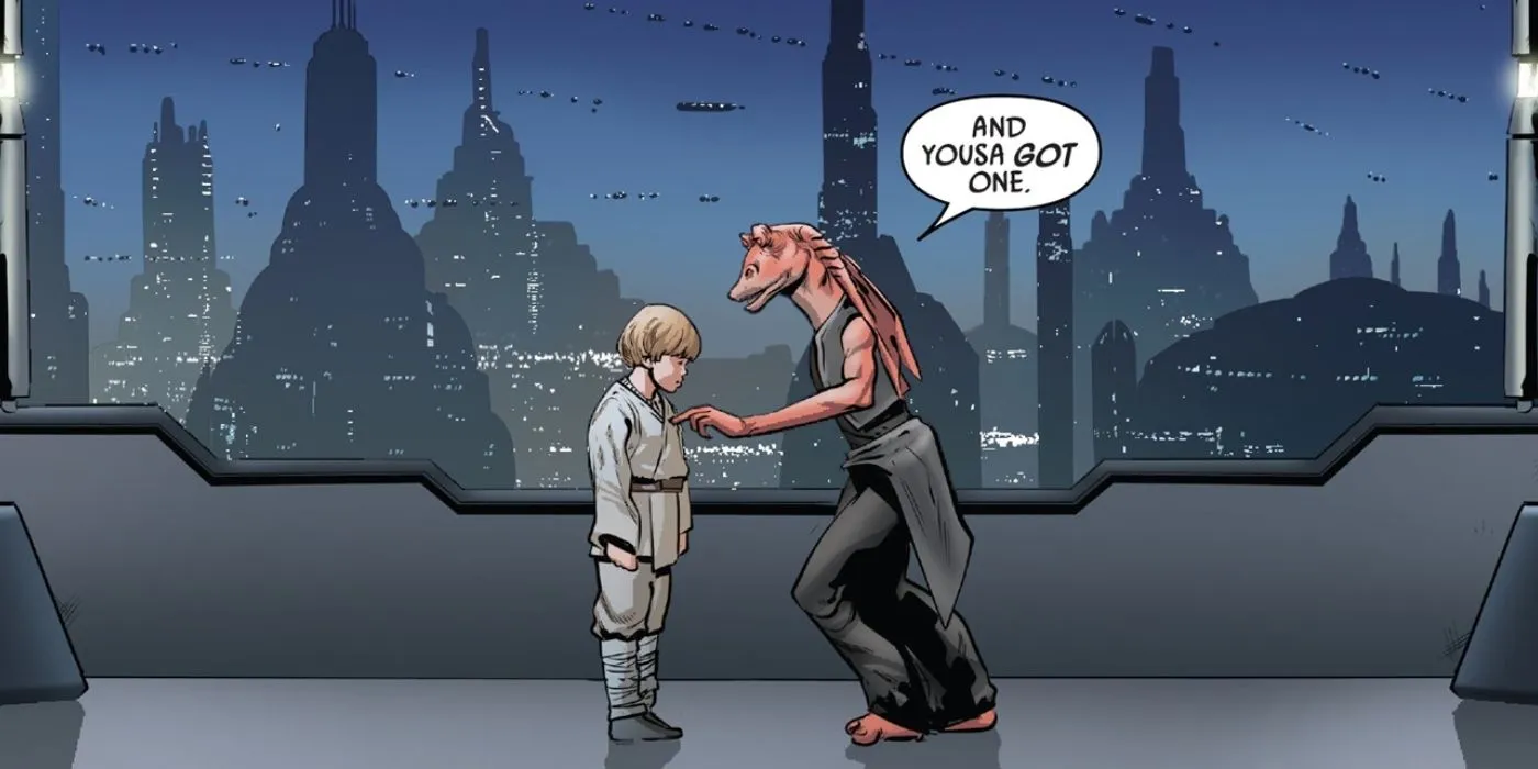 Panel de cómic con Jar Jar Binks