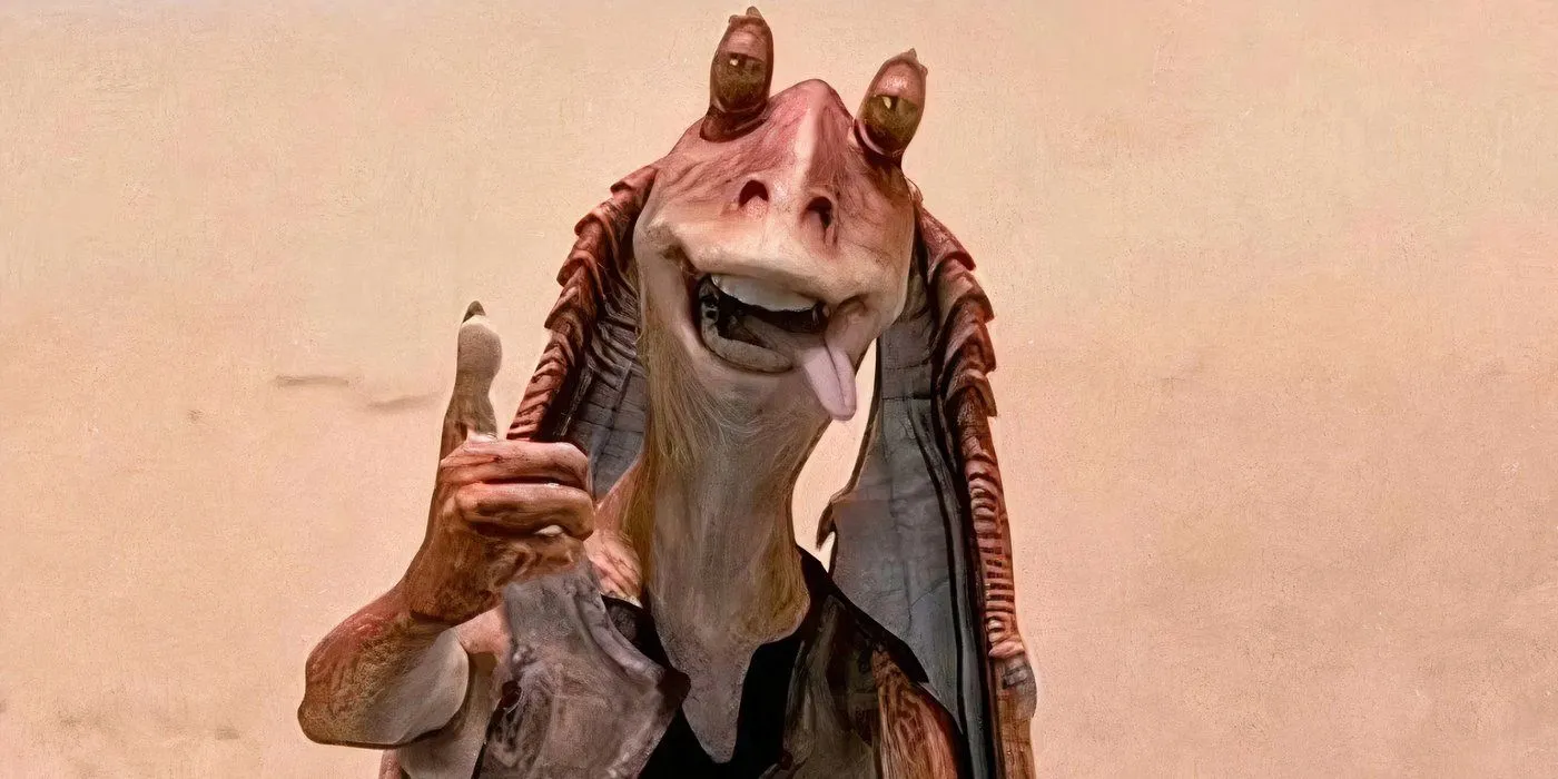 Jar Jar Binks de pie en el desierto, sonriendo con un pulgar hacia arriba y con la lengua afuera.