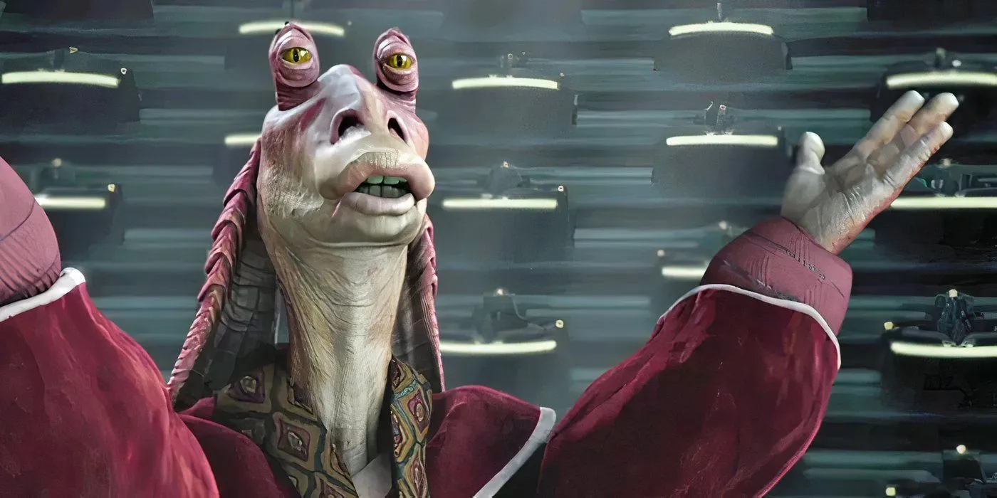 Jar Jar Binks hablando ante el senado galáctico en Star Wars.