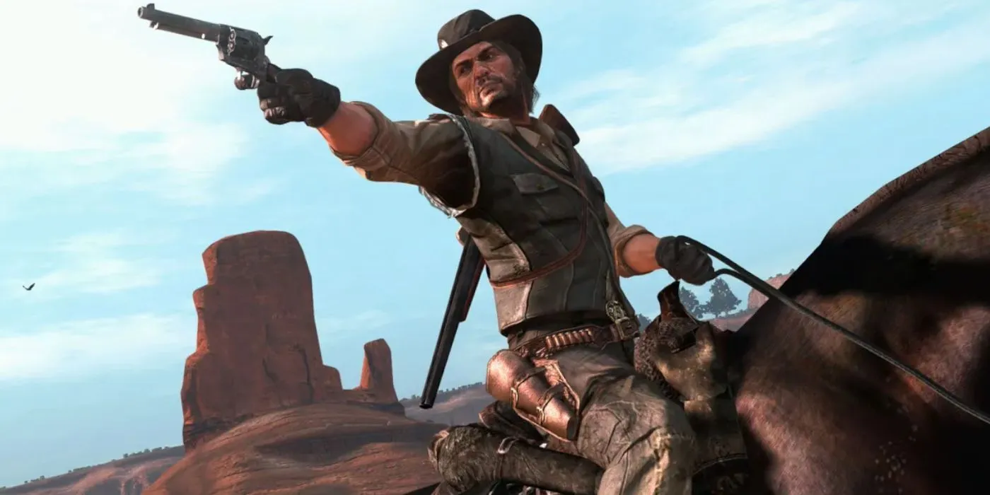 Red Dead Redemption에서 무기를 겨누는 John Marston