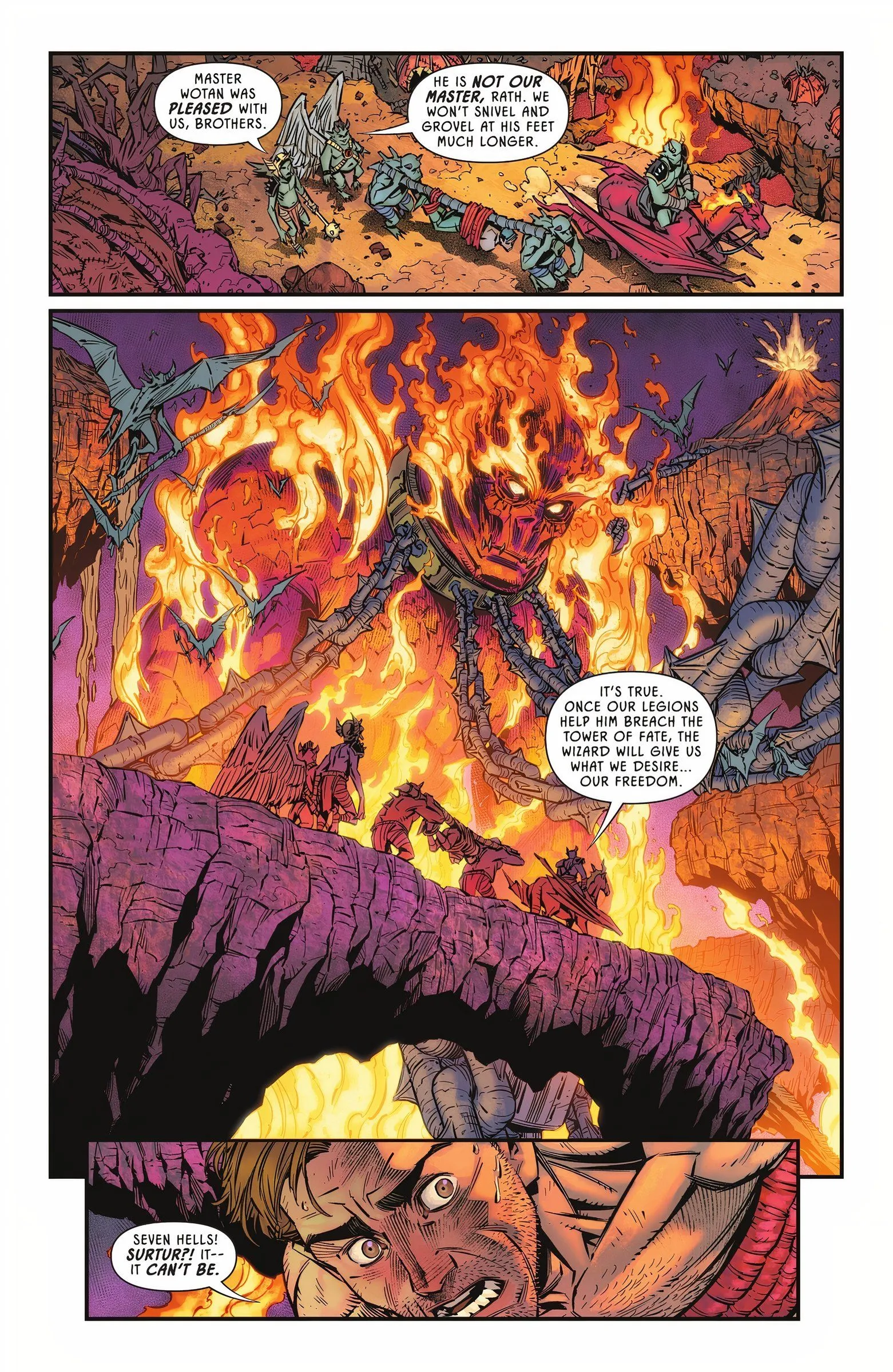 Three panels of Hawkman looking on in horror at Surtur