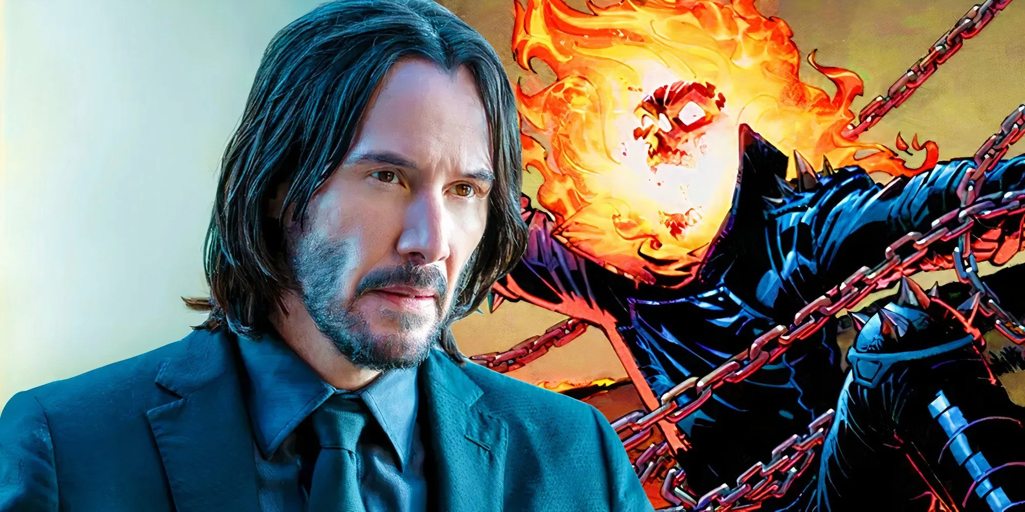 Keanu Reeves as John Wick next to artwork of Ghost Rider