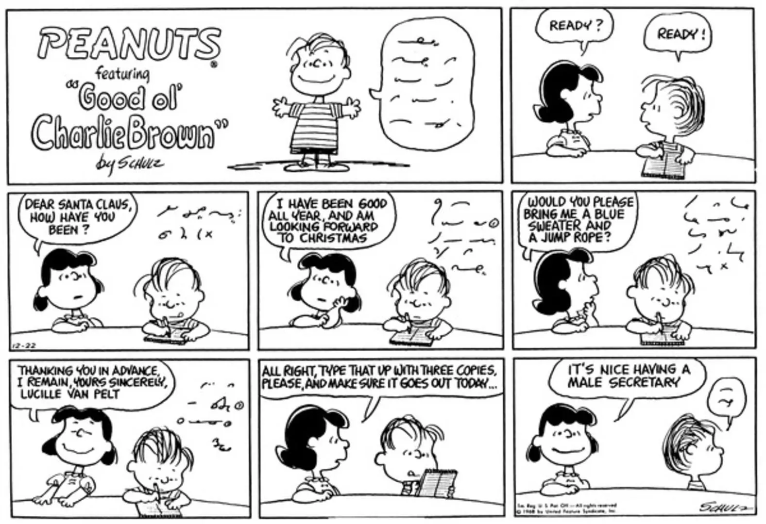 Bande dessinée Peanuts : Linus et Lucy écrivent au Père Noël.