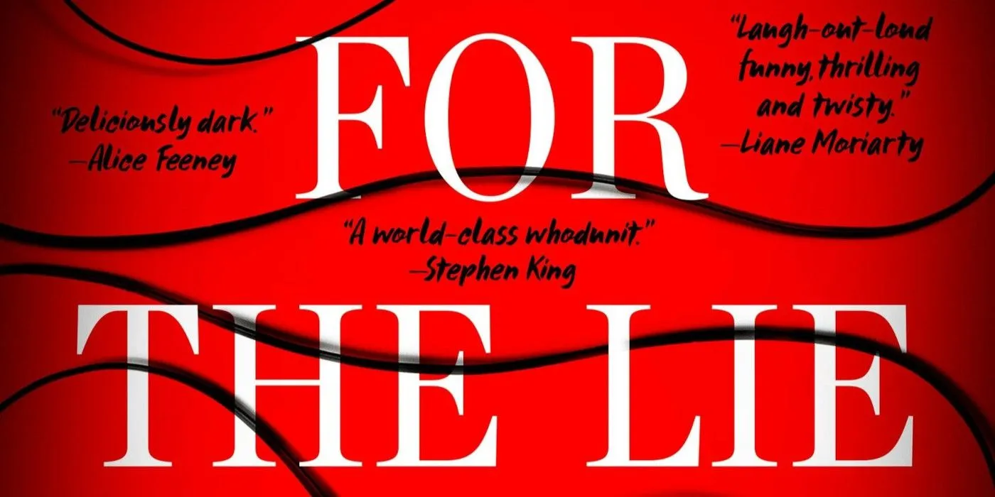 Ouça a capa de Lie com fundo vermelho, texto de título branco e sinopses de Stephen King, Liane Moriarty e Alice Feeney