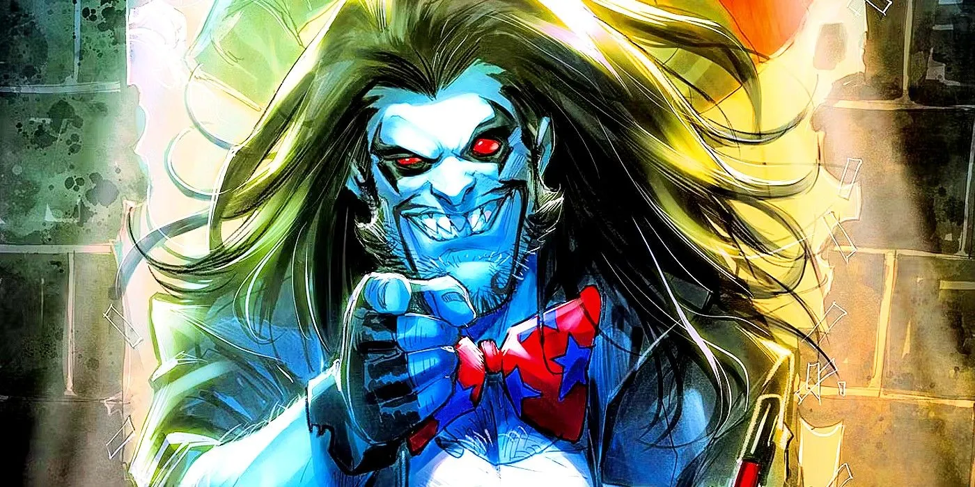 Lobo，DC 的“主角”，戴著領結，微笑著指著讀者