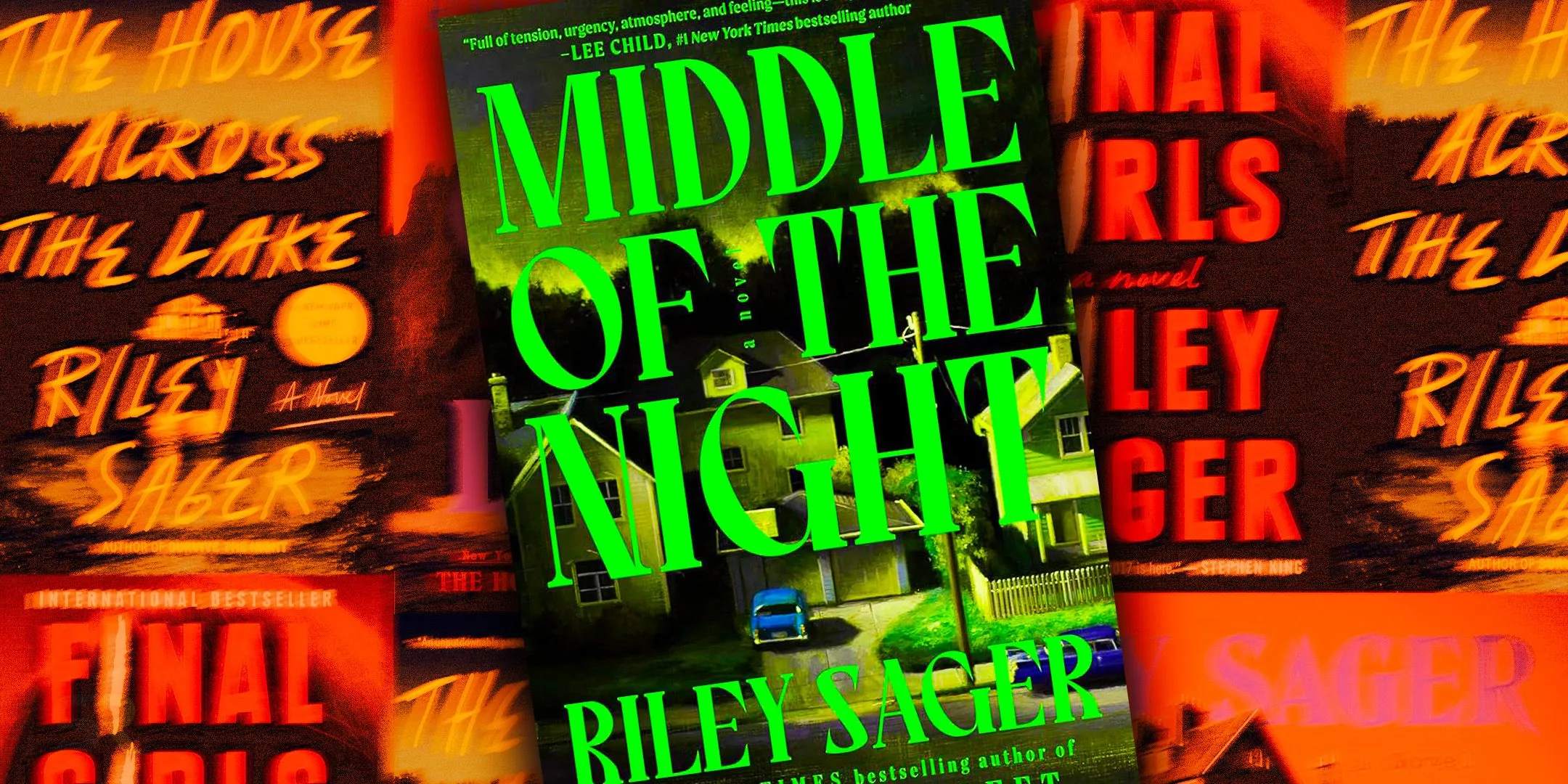 A capa de Middle of the Night de Riley Sager com suas outras capas de livros como pano de fundo