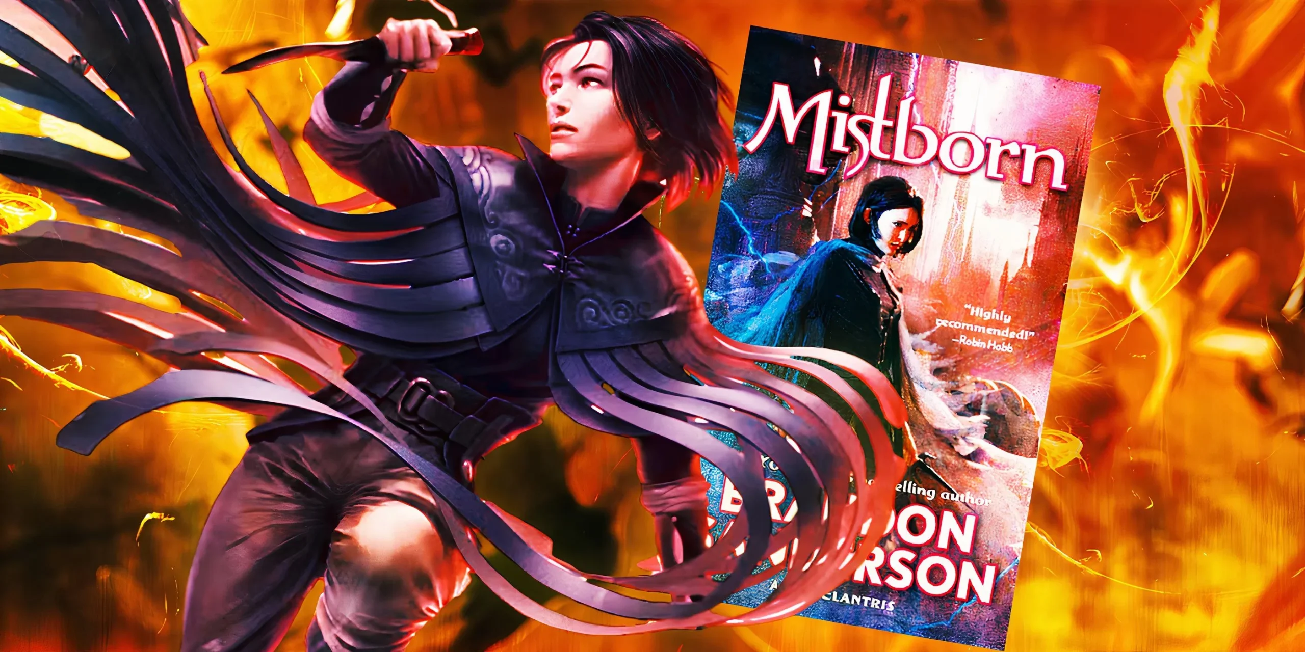 Vin sosteniendo cuchillos frente al primer libro de Mistborn