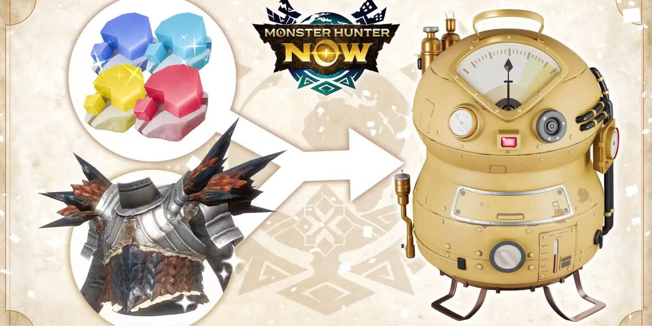 Monster Hunter Now: build con spada lunga: armatura, pietre fluttuanti e un raffinatore.