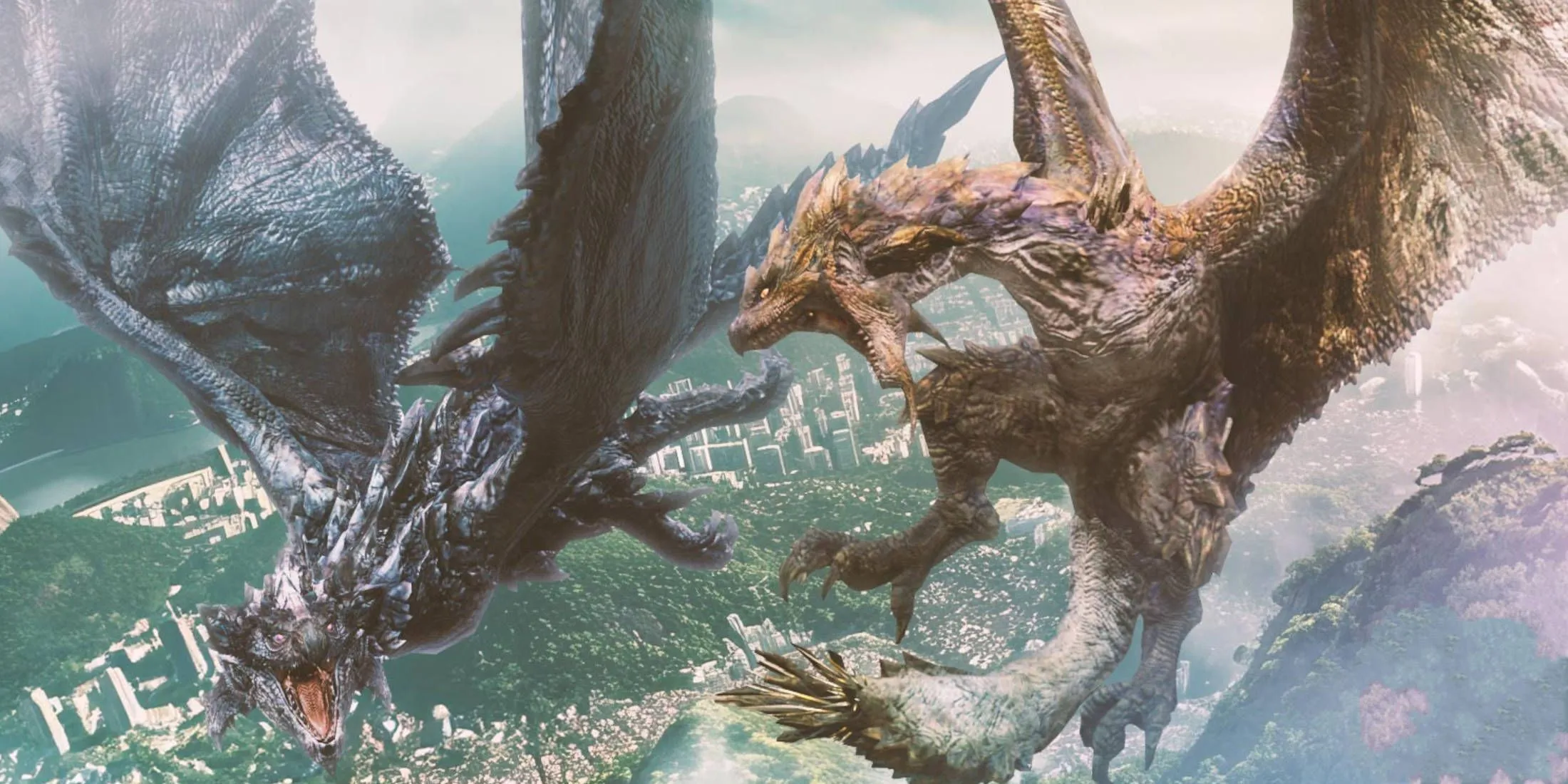 Monster Hunter Now: build con spada lunga: un Rathalos argentato e una Rathian dorata che combattono sopra la città e la foresta.