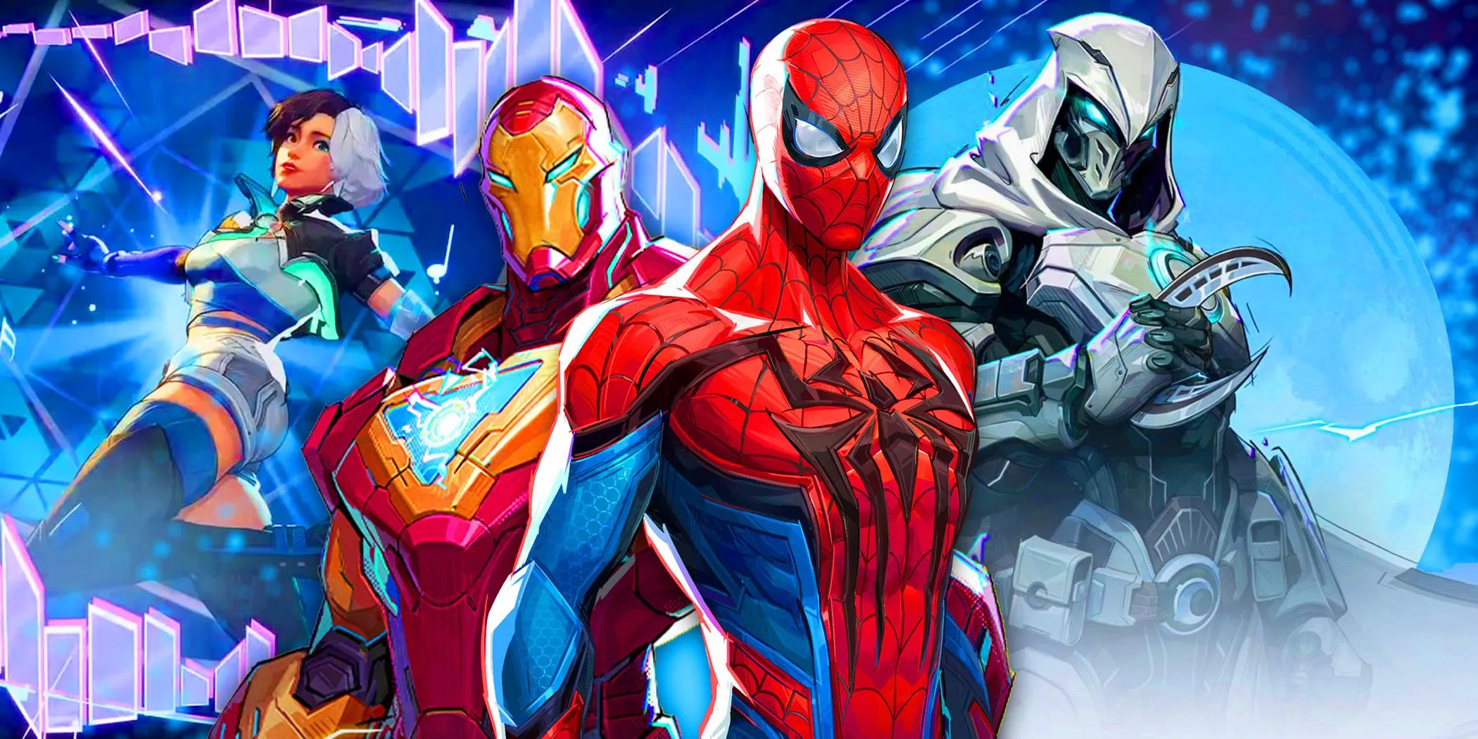 Moon Knight, Spider-Man, Iron Man e Luna Snow da Marvel Rivals