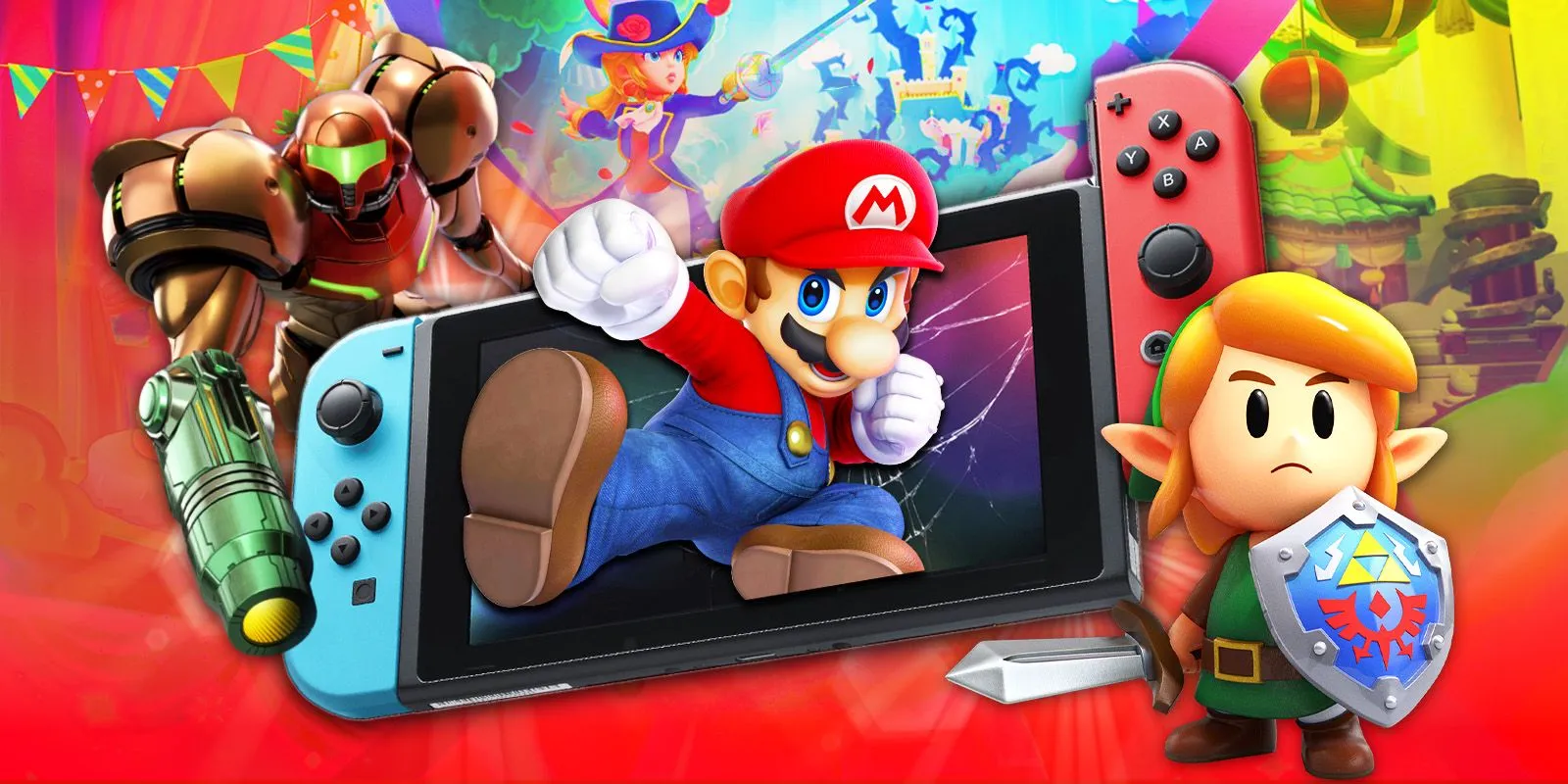 Nintendo Switch w otoczeniu Mario, Linka i Samus.