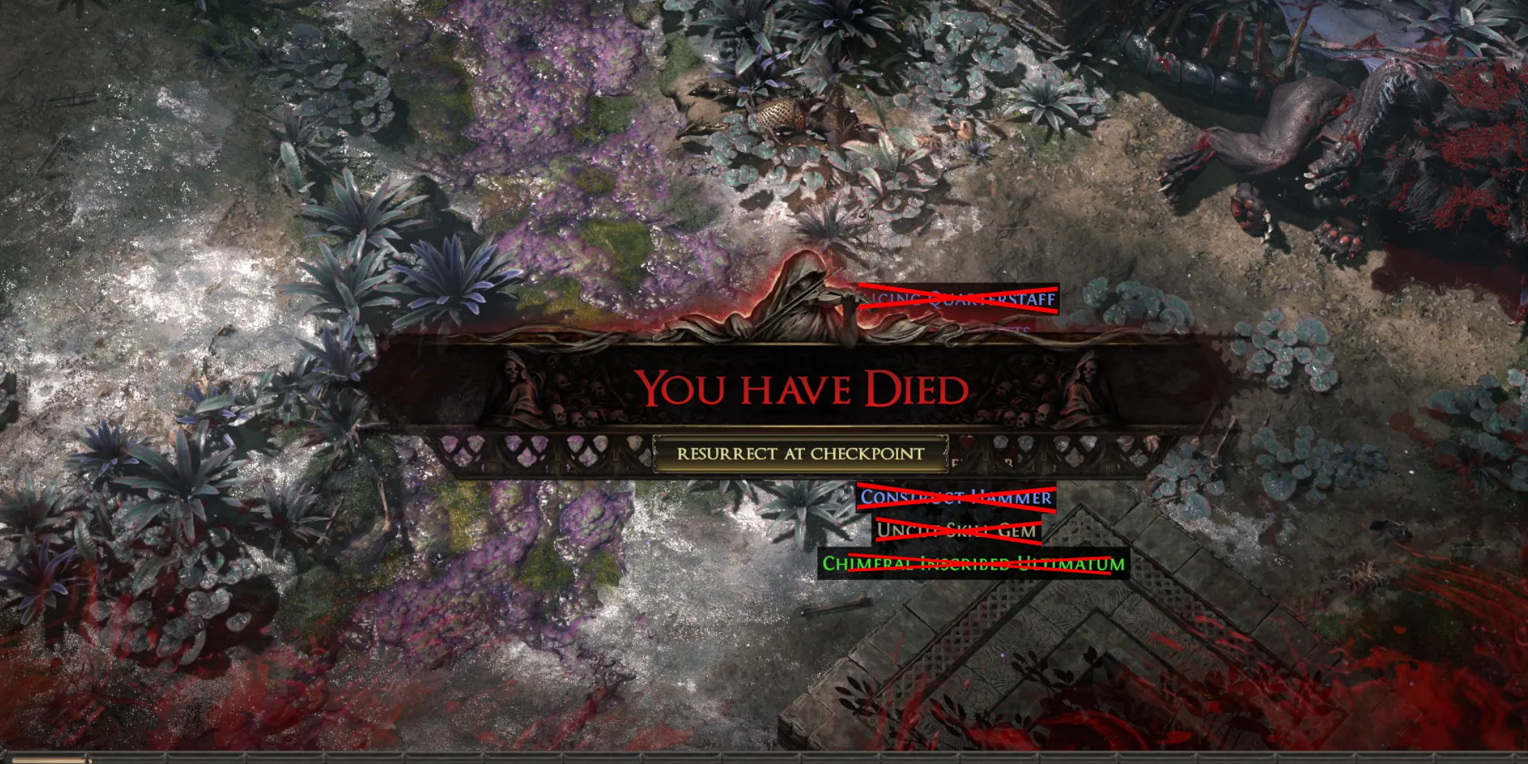 Path of Exile 2 Peine de mort Vous êtes mort Écran Perte d'objet