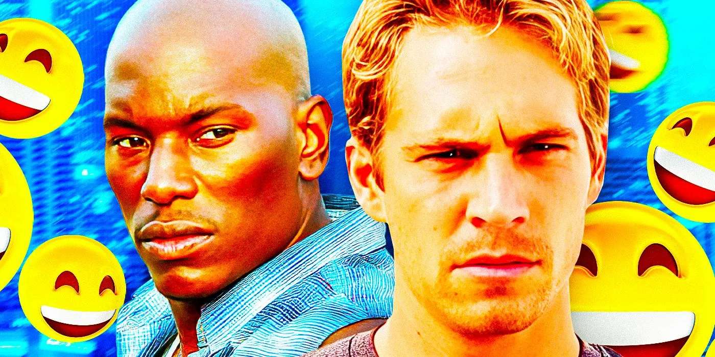 Paul Walker jako Brian O'Conner i Tyrese Gibson jako Roman Pearce w filmie 2 Fast 2 Furious otoczeni śmiejącymi się emotikonami