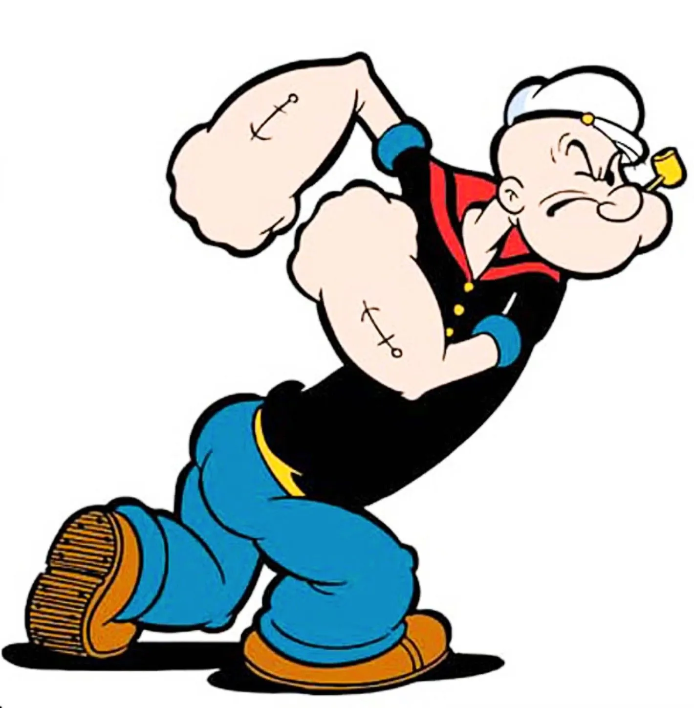 Popeye avanza pavoneándose con sus enormes antebrazos musculosos