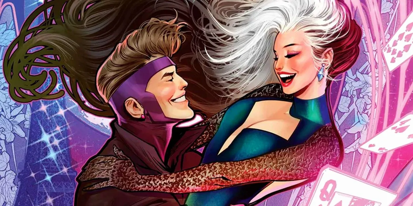 Rogue and Gambit holding each other surrounded by cards, flowers, and sparkles