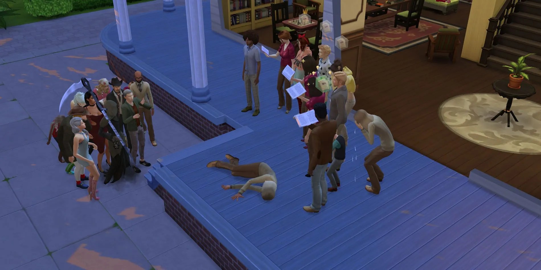 Sims gather around a dead body in The Sims 4