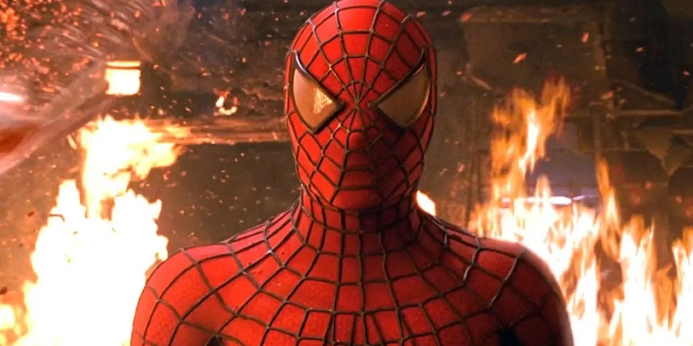 Spider-Man en una escena de un edificio en llamas en 2002