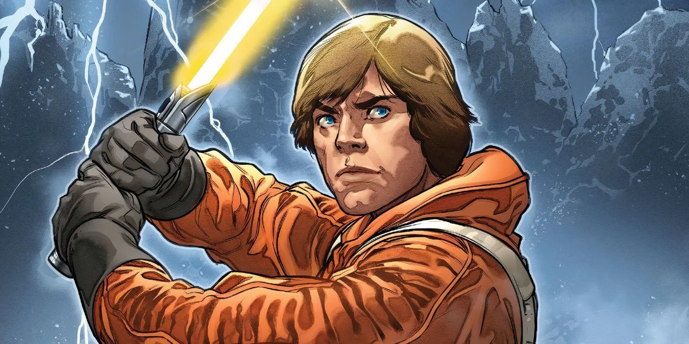 Star Wars' Luke Skywalker wielding his yellow lightsaber.