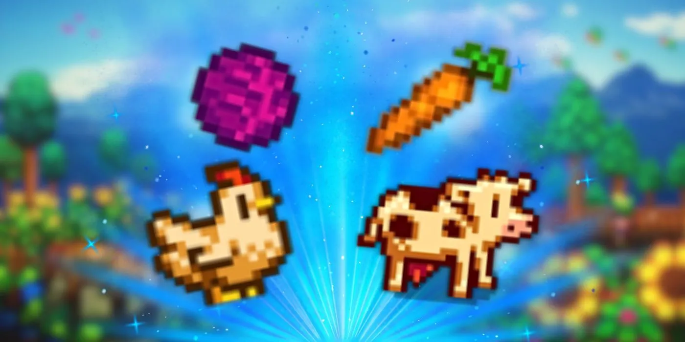 Un chou, une carotte, un poulet et une vache devant une vue de Pelican Town dans des captures d'écran de Stardew Valley.