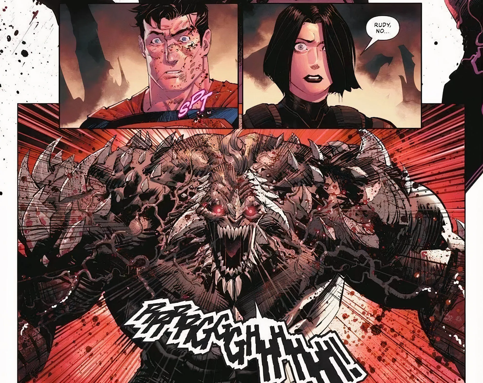 Planches de bande dessinée : Superman choqué après que Doomsday ait tué Parasite