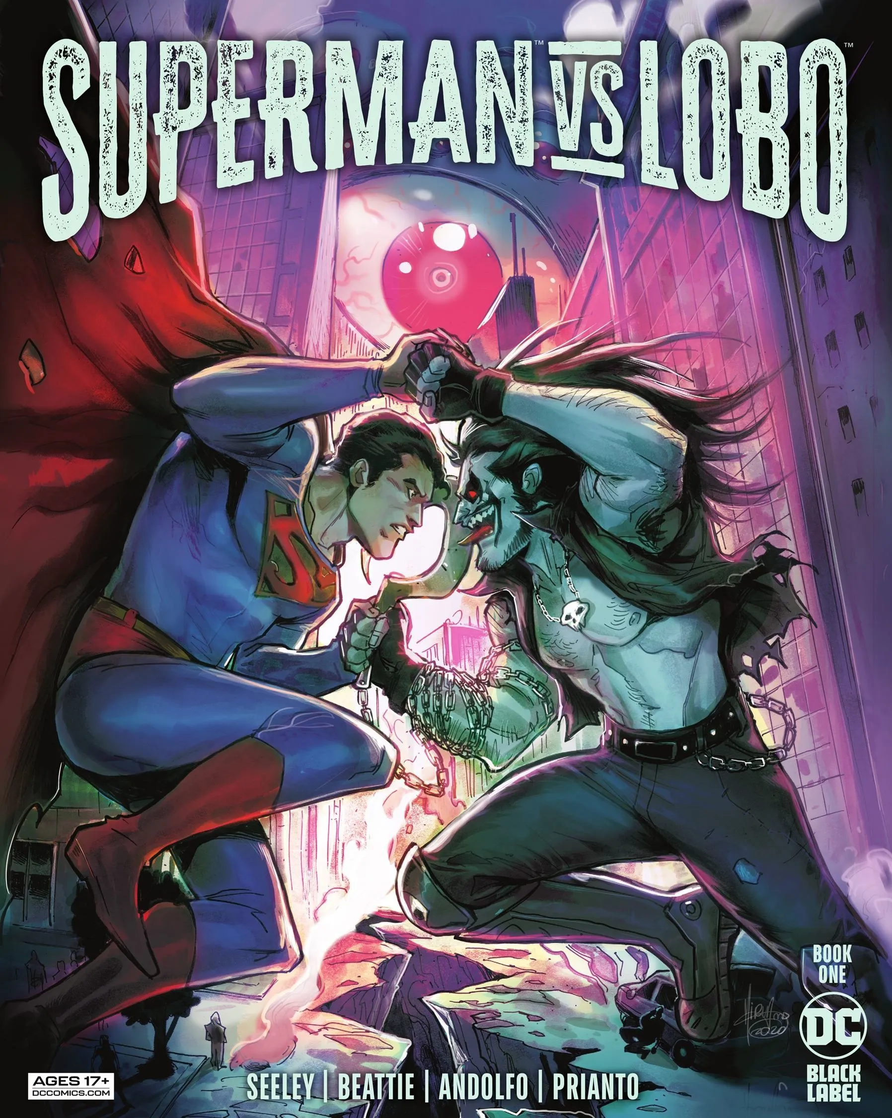 Couverture de bande dessinée : Superman combat Lobo dans une ruelle de la ville.