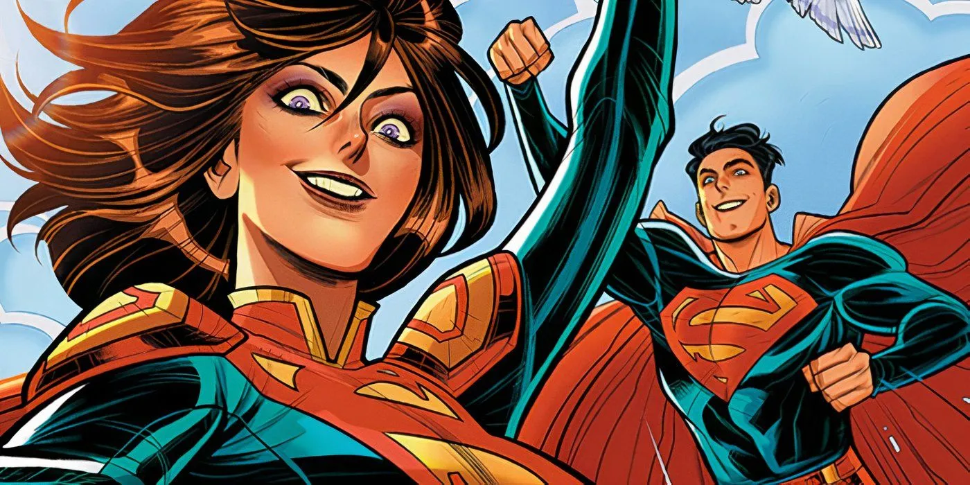 Comic-Kunst: Lois Lane lächelt als Superwoman mit Superman im Hintergrund