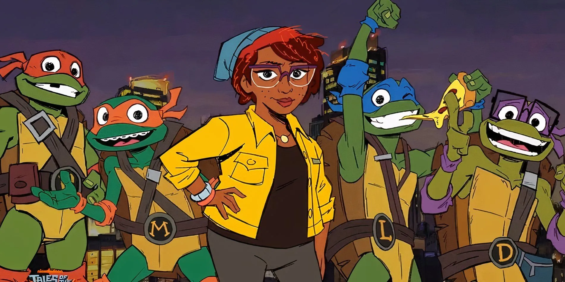 Rafael, Michelangelo, April O'Neil, Leonardo e Donatello em Tales of the Teenage Mutant Ninja Turtles