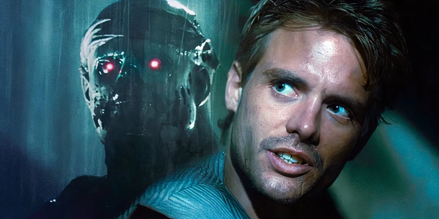 Kyle Reese with a damaged T-600 Terminator behind him.