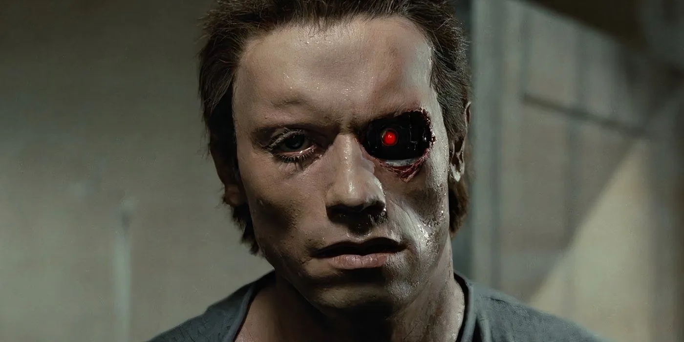 A T-600 with rubber skin, its red robotic eye shining through a damaged socket.