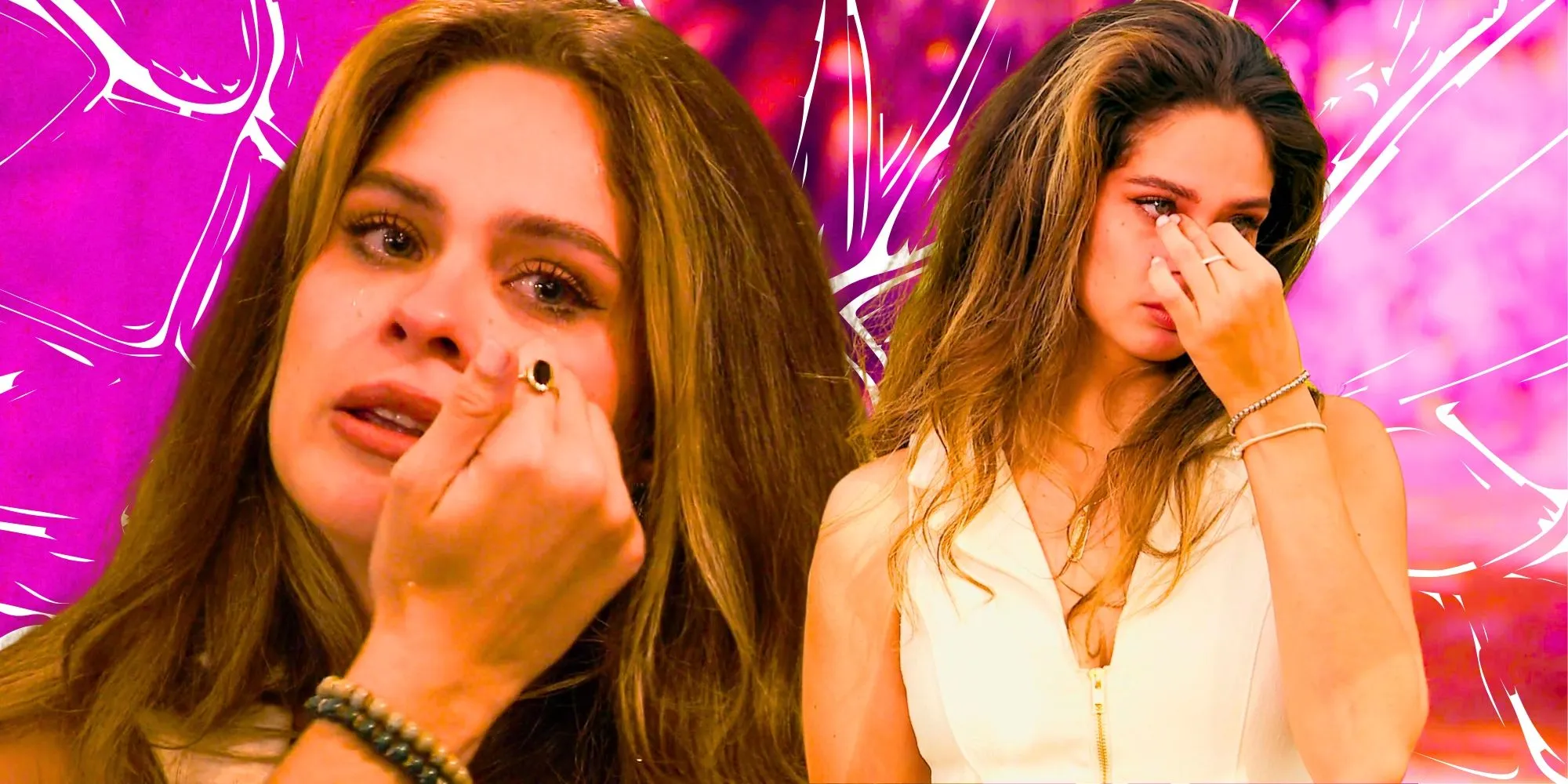 The Bachelor’s Kelsey Anderson is emotional in a montage image with a pink background.