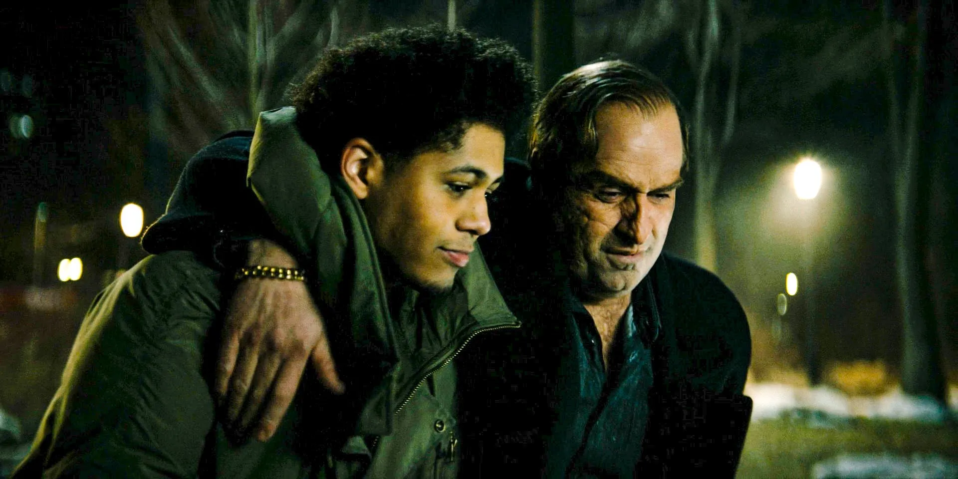 Oz/The Penguin (Colin Farrell) embracing Victor (Rhenzy Feliz) and thanking him for his loyalty in The Penguin Season 1 Ep 8 Oz/The Penguin (Colin Farrell) embracing Victor (Rhenzy Feliz) and thanking him for his loyalty in The Penguin Season 1 Ep 8