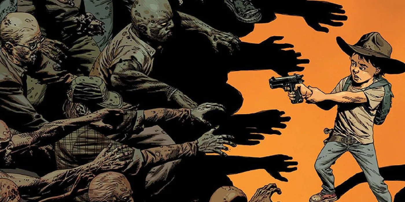 Comic book art: Zombies crowd a young boy with a gun. Comic book art: Zombies crowd a young boy with a gun.