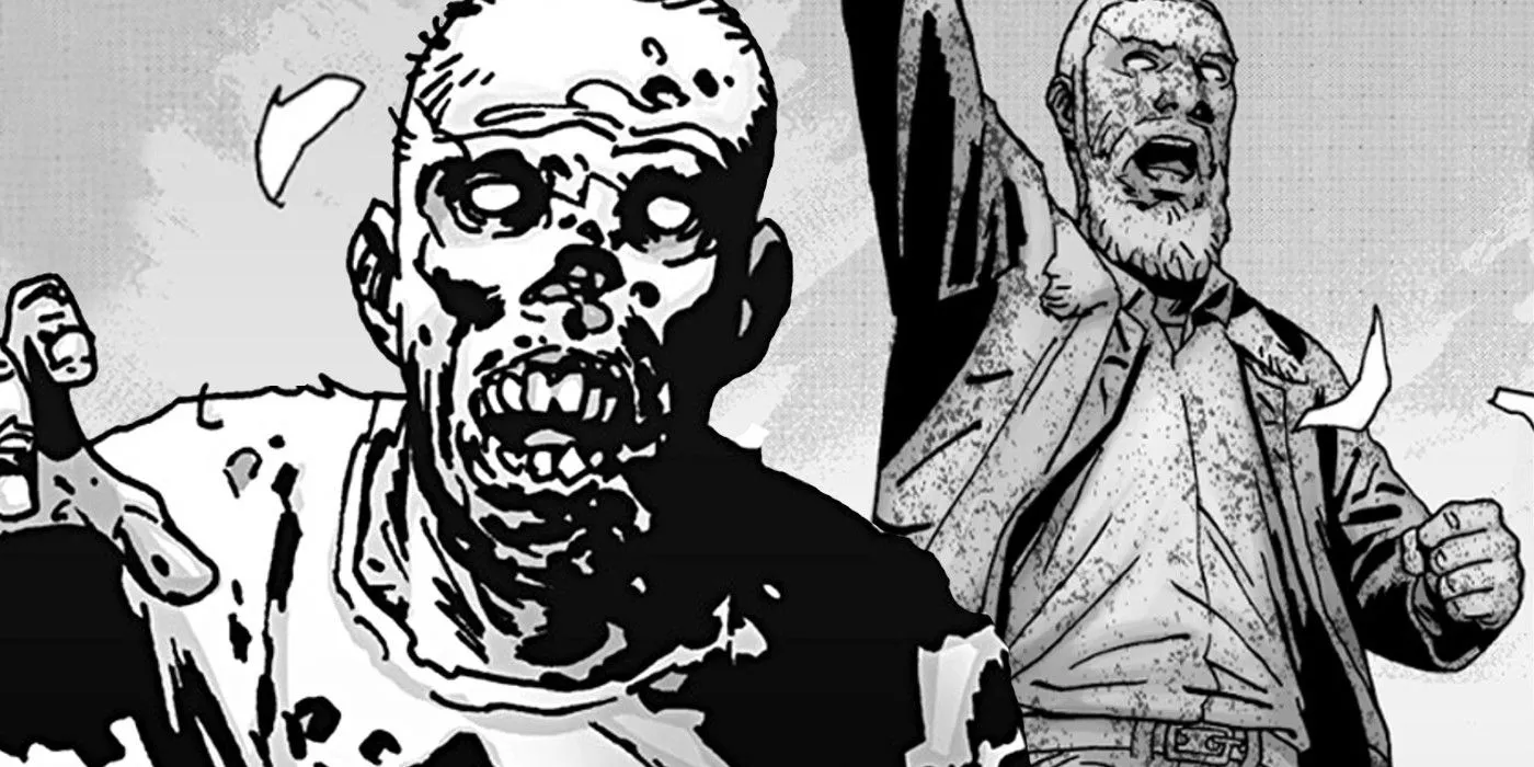 Comic book art: a zombie walks past a statue of rick grimes. Comic book art: a zombie walks past a statue of rick grimes.