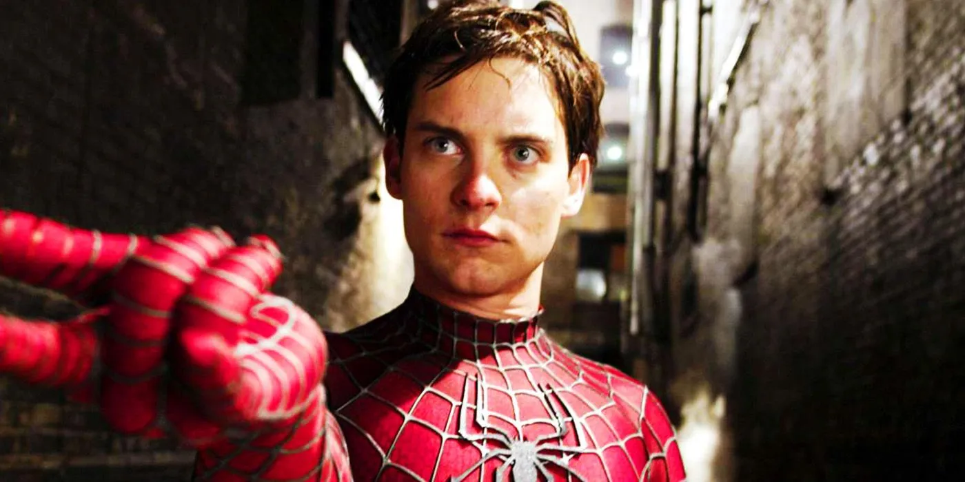 Tobey Maguire como Spider-Man apuntando su telaraña