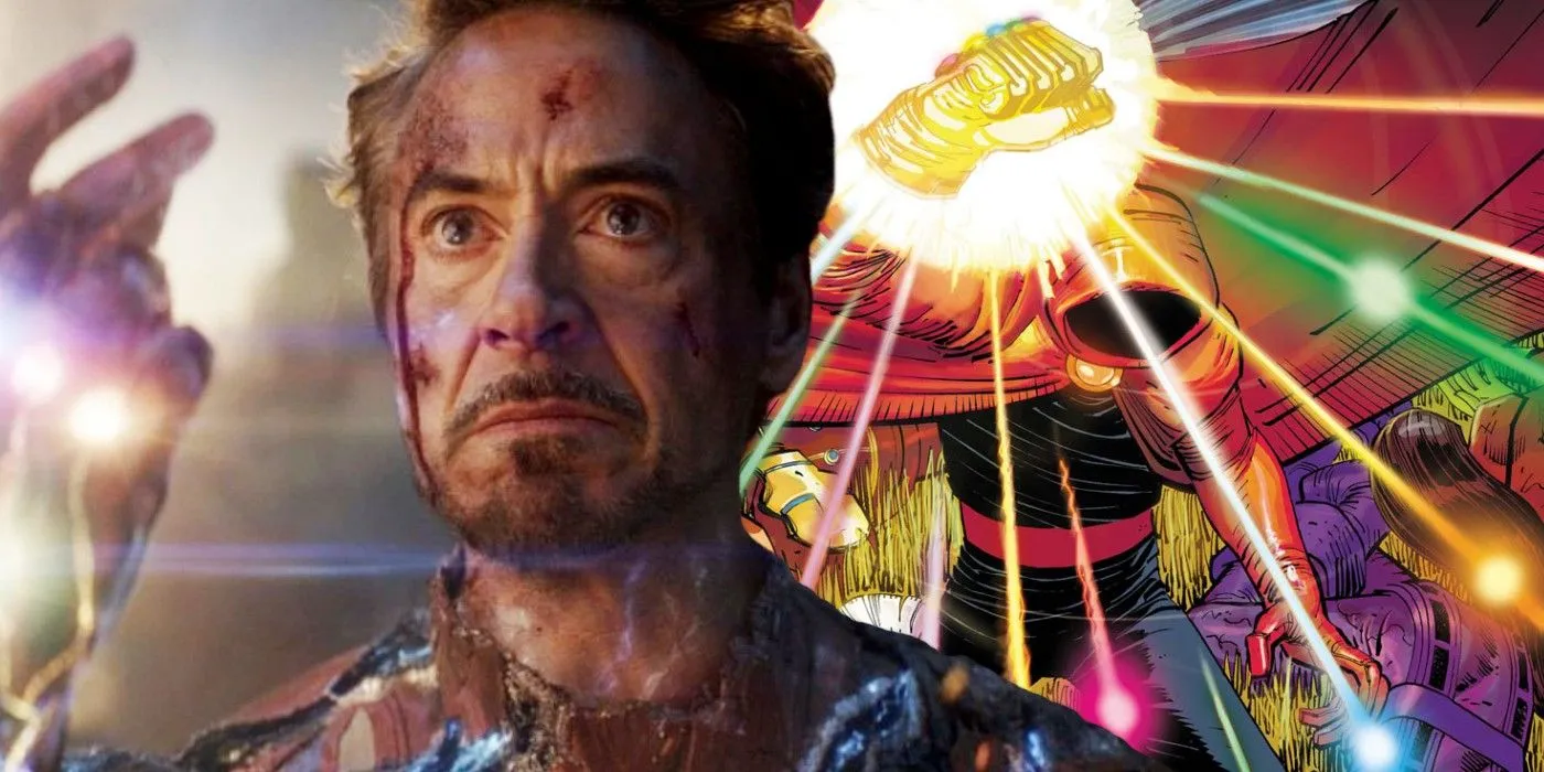 Tony Stark avec le gant de l'infini et le capot avec le gant de l'infini