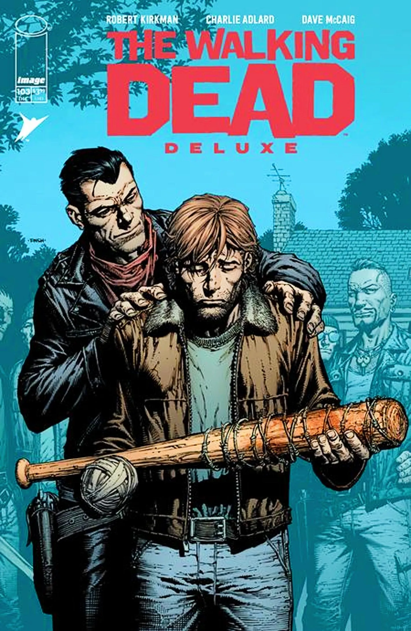 Capa principal de Walking Dead Deluxe #103, Negan pairando sobre o ombro de Rick, forçando-o a segurar Lucille